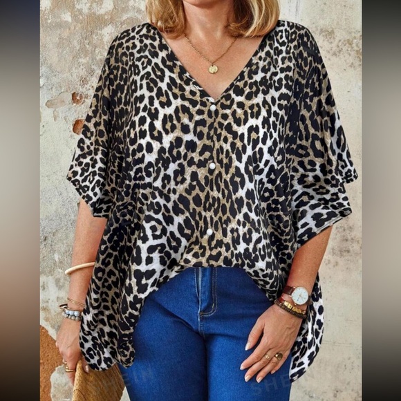 Tops - Boho Plus Size Leopard Print Batwing Sleeve V Neck Top Blouse Shirt